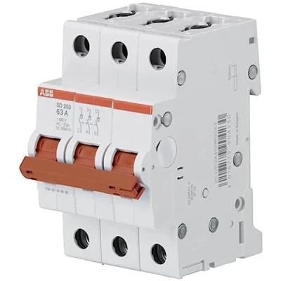 Afbeelding van Abb lastscheider sd aan uit schakelaar met rode tuimel 3 polig 40a 440vac ac 23a 25 ka 125vdc dc 21a mod breed 52 5mm 2cdd283101r0040