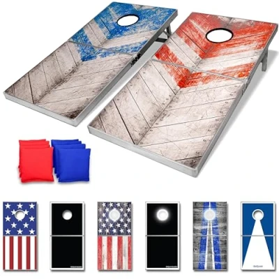Afbeelding van GoSports Rustieke Rode &amp; Blauwe Ontwerp Cornhole Game Set, Regeling Grootte