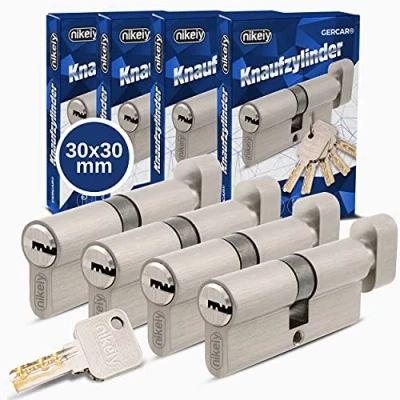 Afbeelding van GERCAR Pro Knopcilinderslotenset, 30/30, massieve slotcilinder, gelijksluitend met knop set van 4 cilindersloten messing, mat vernikkeld inclusief 10x keersleutels, lengte: 60 mm, A: 30 B: