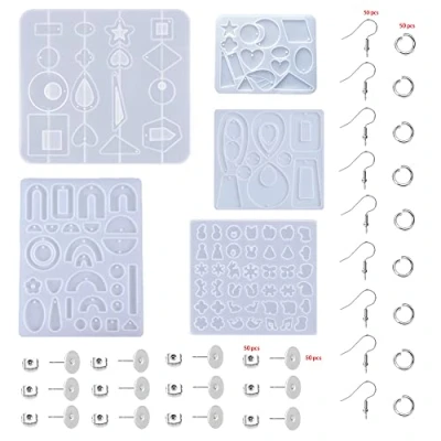 Afbeelding van BOSOIRSOU 205 stuks hars sieraden gietvorm en oorbel haken, siliconen hanger mallen stud armband ketting maken kits epoxy gietvormen, met haak springring