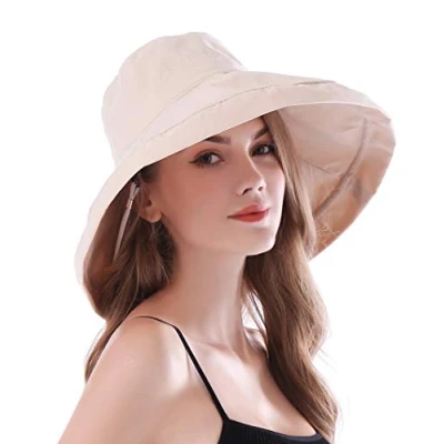 Afbeelding van AIDIER dames brede rand zonnehoeden met bandjes opvouwbare UPF 50+ zon beschermende emmer hoed elegante reizen zomer hoed, Beige, One size