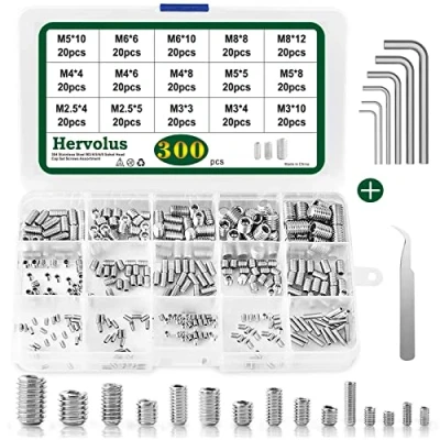 Afbeelding van 300 stuks stelschroeven M2.5 M3 M4 M5 M6 M8 roestvrij staal schroefdraadstift assortiment binnenzeskant wormschroeven set met 6 schroeven sleutels