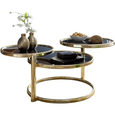 Afbeelding van WOHNLING salontafel SUSI met 3 tafelbladen Zwart/Goud 58 x 43 cm Bijzettafel rond Ontwerp glas/metaal Designtafel glazen tafel modern Kleine