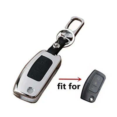 Afbeelding van Happyit Zinklegering + lederen autosleutelhoes voor Ford Focus Mondeo Rand Fiesta Kuga MK4 Fusion Eskort Ecosport (C zwart)
