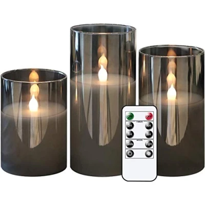 Afbeelding van Eldnacele Grijzen glazen kaarsen op batterijen met timer en afstandsbediening 10 toetsen, vlamloze LED, echte warm lichtgevende flikkerende van was voor Kerstmis festival huisdecoratie