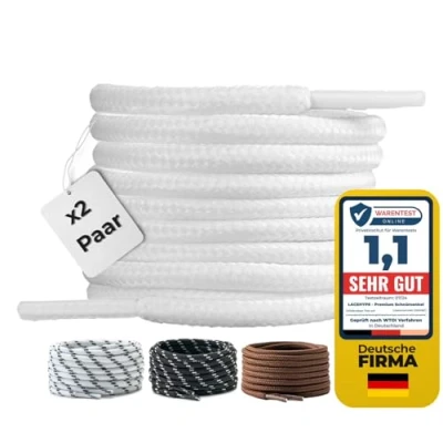 Afbeelding van LaceHype 2 paar premium ronde veters, diameter 4 mm, voor werkschoenen, laarzen, outdoorschoenen en sportschoenen, scheurbestendige schoenveters, vervangende schoenveters van polyester, wit, 150 cm
