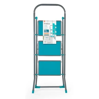 Afbeelding van Beldray LA024510TQ 3 trapladder met antisliptreden, voor binnen en buiten, duurzaam stevig, reikhoogte van ca. 2,5 meter, veiligheidsclip, gemakkelijk op te bergen vervoeren, turkoois/grijs