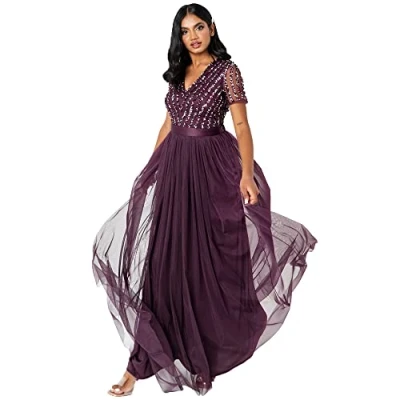 Afbeelding van Maya Deluxe Dames Maxi V hals Plus Size Ball Gown Korte Mouwen Lange Elegante Empire Waist Bridesmaid Jurk, berry, 56 NL