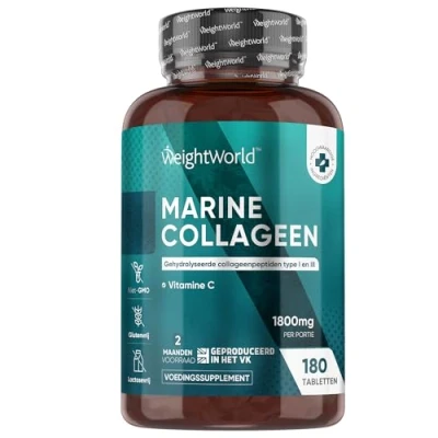 Afbeelding van Marine Collageen tabletten 1800mg 180 voor 2 maanden voorraad met Vitamine C Gehydrolyseerd Type 1 en 3 Peptiden gemaakt van natuurlijk Poeder WeightWorld