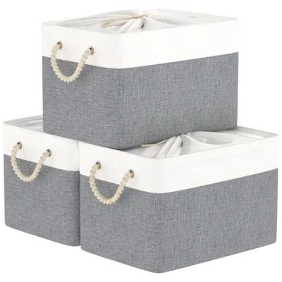 Afbeelding van Yawinhe Set van 3 opvouwbare opbergdozen, 42 x 32 26 cm, mand, kist, stoffen kubussen, kledingorganizer, met trekkoord en 2 handgrepen, wit/grijs, SNK003WGL