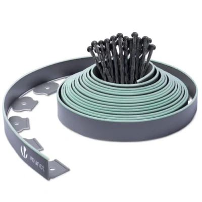 Afbeelding van VOUNOT Flexibele gazonrand, kunststof, fluorescerende bloembedrand met 30 grondankers, lengte 10 m hoogte 5 cm, grijs + fluorescerend groen