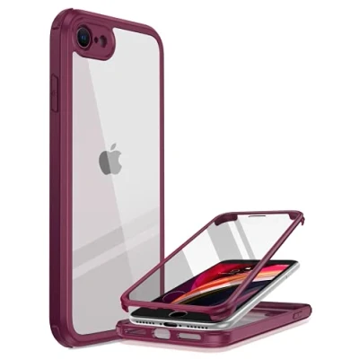 Afbeelding van Miracase 360 graden hoesje compatibel met iPhone SE 2020 / 8, volledige beschermhoes ingebouwde glazen schermbeschermer, roze