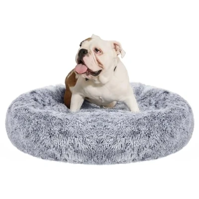Afbeelding van Feandrea Hondenbed wollig, kattenbed, donutkussen, wasbaar, bekleding in het midden uitneembaar, lang pluche, 90 cm diameter, ombré grijs PGW041G01
