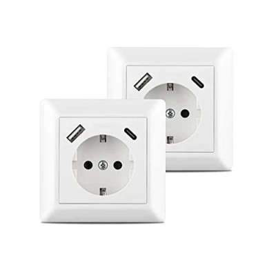 Afbeelding van 2 X USB C Stopcontact 3.4A Inbouw Schuko met en Wandcontactdoos Frame Inbouwstopcontact Wit voor Smartphone, Tablet, MP3