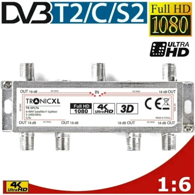 Afbeelding van TronicXL Sat TV splitter Digitale 6 voudige DVBT DVBT2 DVBC antennekabel televisie verdeler HDTV Full HD Switch zesvoudige zachte omschakelaar F stekker hoofdleidingverdeler