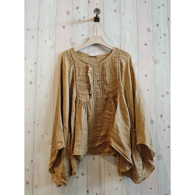 Afbeelding van Linnen boho top met vlinder mouwen broderie voor kant oversized korte blouse CAMEL