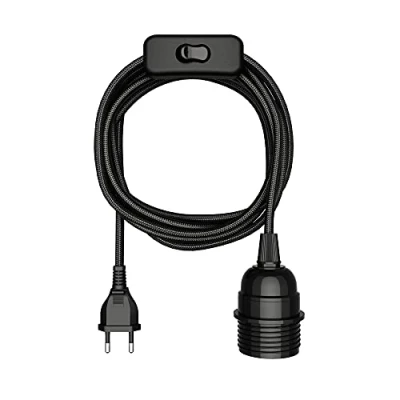 Afbeelding van ledscom.de Textielkabel LEKA, stekker, schakelaar, zwart, 3m, fitting, 1x E27 max. 60W, Led, Diy, wandlamp, E27, textielkabel, hanglamp, netstekker, gloeilamp