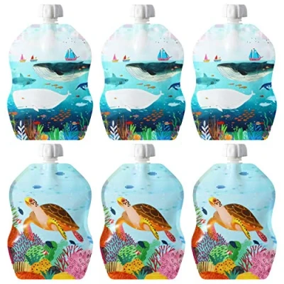 Afbeelding van ChooMee SnakPack herbruikbare levensmiddelzakjes, inhoud 237 ml, ideaal voor babyvoeding, smoothies en puree. Veilige dubbele druksluiting, brede onderkant, BPA vrij, 6 stuks SeaLife dessin