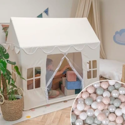 Afbeelding van KiddyMoon Speelhuis Kindertent Met 200 Ballen Voor Kinderen Kinderhuis Opvouwbaar Ontwerp Speeltent Indoor Creativiteit Binnen En Buiten Kinderkamer, Natuurlijke Kleur:Pastel Beige/Wit/Goud