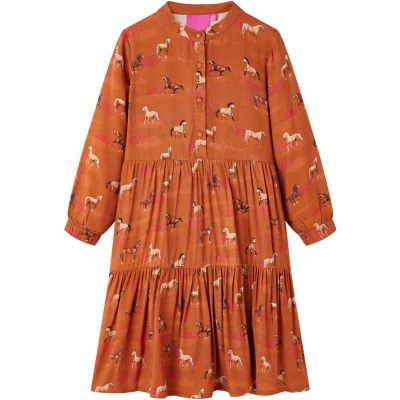 Afbeelding van Kinderjurk met paardenprint 104 cognackleurig
