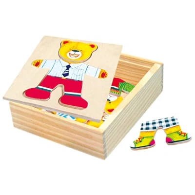 Afbeelding van Bino 88047 Jurk Beer Jigsaw Baby Puzzels met kleurrijke kleding, 18 stuks in een houten kastdoos. Afmetingen: 13x4,3x14 cm, veelkleurig