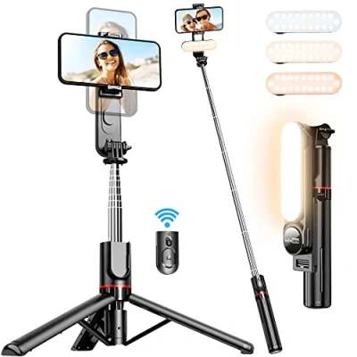 Afbeelding van Stabiele Selfie Stick Statief met Verwijderbaar Vullicht, 111cm Uitbreidbaar Mobiel Telefoonstatief Draadloze Afstandsbediening 360 Draaibaar voor iPhone, Samsung, Huawei, Sony en Andere Smartphones