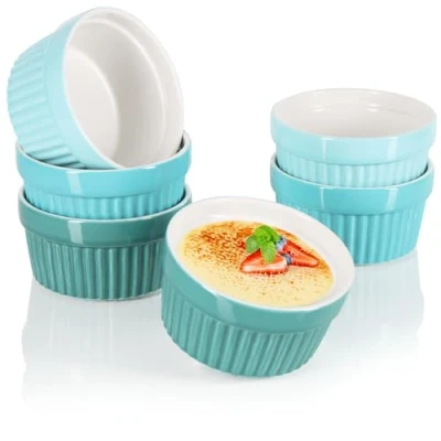 Afbeelding van COM FOUR® 6x soufflévormen creme brulee keramische schalen ovenvaste vormen dessertkommen en gebakjevormen voor bijv. Ragoutvin elk 200 ml in verschillende tinten groen