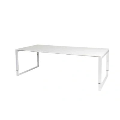 Afbeelding van Domino Plus vergadertafel, hoogte instelbaar (62 85cm) met 220x100cm &#039;zwevend&#039; krijtwit 25mm blad en wit (RAL9010) O poot frame