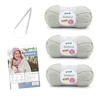 Afbeelding van Gründl Breiset 3 x 100 g Shetland wol breigaren + naald 7 8 handleiding om zelf te breien, 30 20 cm