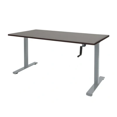 Afbeelding van Dextro slinger zit/sta 180x90cm, hoogte verstelbare werkplek dmv slinger, T poot frame. Frame kleur aluminium (RAL9006) en blad Logan eiken.