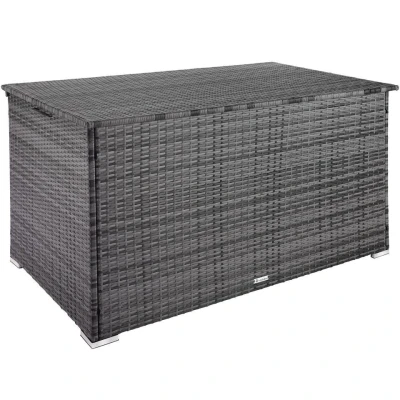 Afbeelding van tectake® Aluminium wicker opbergbox Outdoor kussenbox Uitneembare binnenzak Weerbestendig en afsluitbaar met deksel Inclusief 2 handgrepen, gasveren UV bestendig Inhoud 750 l Afmeting (LxBxH) 145 x 82,5 79,5 cm Grijs