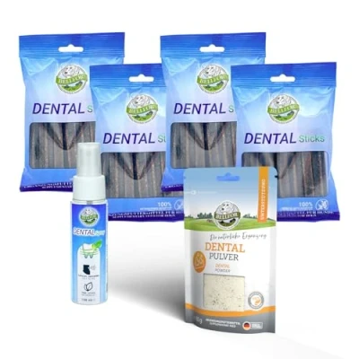 Afbeelding van Bellfor spaarset ter voorkoming van tandsteen en tandbederf bij honden Dental Powder 80 g, Sticks 4 x 100 g Spray ml