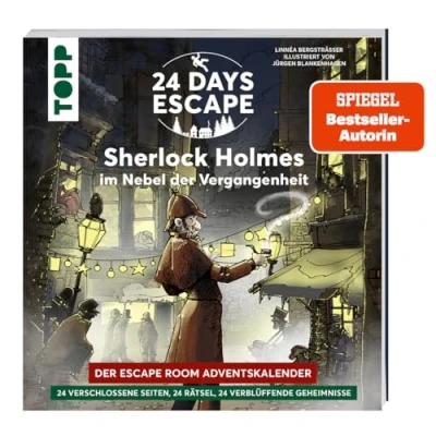 Afbeelding van 24 DAYS Escape der Room Adventskalender: Sherlock Holmes im Nebel Vergangenheit: verschlossene Rätselseiten und XXL Poster. Das Adventskalenderbuch!