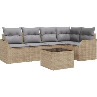 Afbeelding van vidaXL 6 Delige Tuin Sofa Set met Kussens Zwart Poly Riet, 2 Persoons Beige Riet
