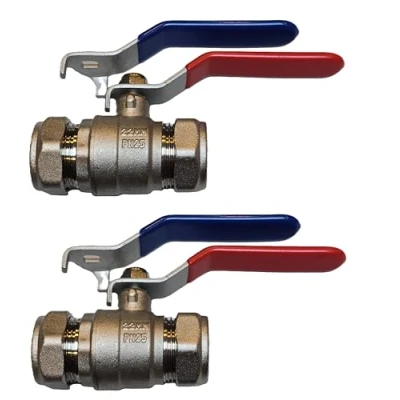 Afbeelding van TC Pack van 2 x 28mm hefboom kogelkraan volledige boring compressie isolatieklep rood/blauw dubbele handgreep afgesloten stroom WRAS goedgekeurd