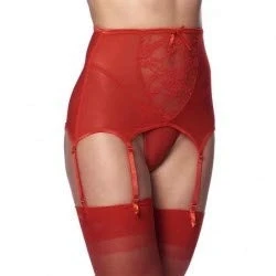 Afbeelding van Amorable by Rimba Vintage stijl jarretelgordel met string en kousen rood L/XL