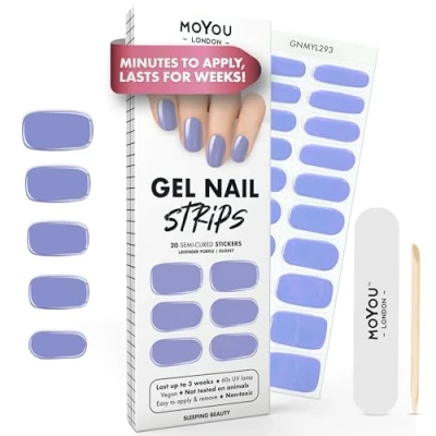 Afbeelding van MOYOU LONDON Semi geharde UV gelstrips, 20 stuks, gelnagelfolie, hardend voor manicure in salonkwaliteit, set met nagelvijl en houten nagelriemstokjes, lavendel