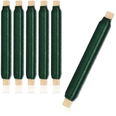 Afbeelding van COM FOUR® 6x bloemenwikkeldraad set, groen binddraad gewikkeld op een houten stokje, dikte 0,65 mm, 600 g