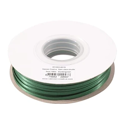 Afbeelding van Vaessen Creative 301002 5019, donkergroen, satijnen lint, 3 mm x 100 m dubbel decoratief cadeaulint, stoffen lint voor bruiloft, doop en verjaardagscadeaus, mm, meter