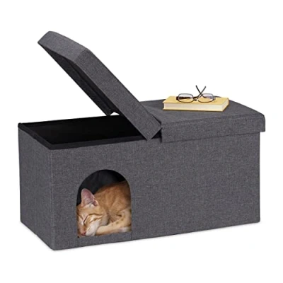 Afbeelding van Relaxdays kattenhuis xxl opvouwbaar stoffen kattenmand poef zitbankje kattenmeubel