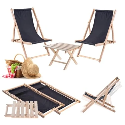 Afbeelding van KADAX Klaptafel met 2 ligstoelen, kleine tuintafel van hout, bijzettafel voor balkon en tuin, koffietafel, klein, balkontafel, inklapbaar (zwart)