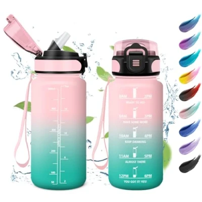 Afbeelding van Drinkfles, 500 ml, lekvrij, gemakkelijk te openen, motiverende waterfles met rietje, drinkfles voor camping, reizen, school