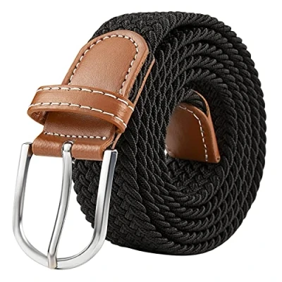 Afbeelding van Yangbaga Gevlochten elastische stretch geweven riem met lederen tip nikkel pin gesp (zwart), Zwart, L