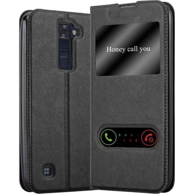 Afbeelding van Cadorabo Hoesje geschikt voor LG K8 2016 in KOMEET ZWART Beschermhoes met magnetische sluiting, standfunctie en 2 kijkvensters Book Case Cover Etui