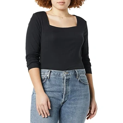 Afbeelding van Amazon Essentials Dames Slim Fit T shirt met lange mouwen en vierkante hals, zwart, XS