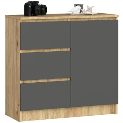 Afbeelding van AKORD Commode K 80 Jerry met 3 laden Kast 2 planken en 1 deur Voor de woonkamer slaapkamer Modern 16mm gelamineerde plaat 80x77x35 cm Artisan Eiken Grafietgrijs front