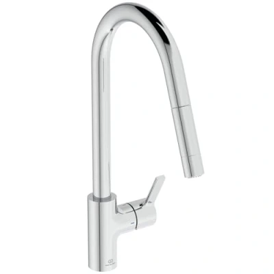 Afbeelding van Ideal Standard Gusto, eengreepsmengkraan voor gootsteen, hoge uitloop met draaibare en uittrekbare handdouche twee functies, verchroomd