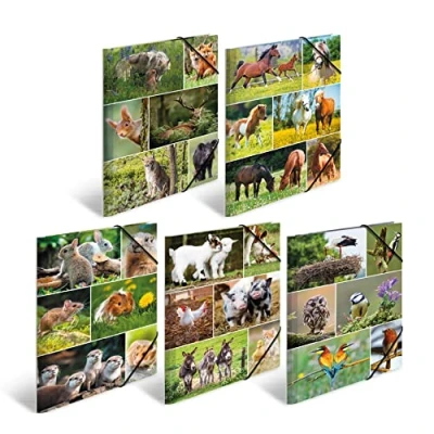 Afbeelding van HERMA 19340 Verzamelmappen A4 dierenwerelden assortiment, 10 stuks, hoekspanmappen voor kinderen van karton met interne druk en elastiek, stevige kartonnen omslagmappen, jongens meisjes