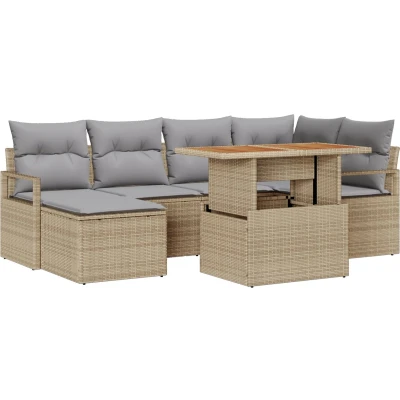 Afbeelding van vidaXL 7 delige Tuin Sofa Set met Kussens Beige Poly Rattan Acacia, 2 Zits