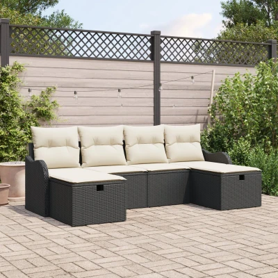 Afbeelding van vidaXL 6 delige Tuinsalon Set met Kussens Zwart Poly Rattan, 2 zits Opslag en Rattan